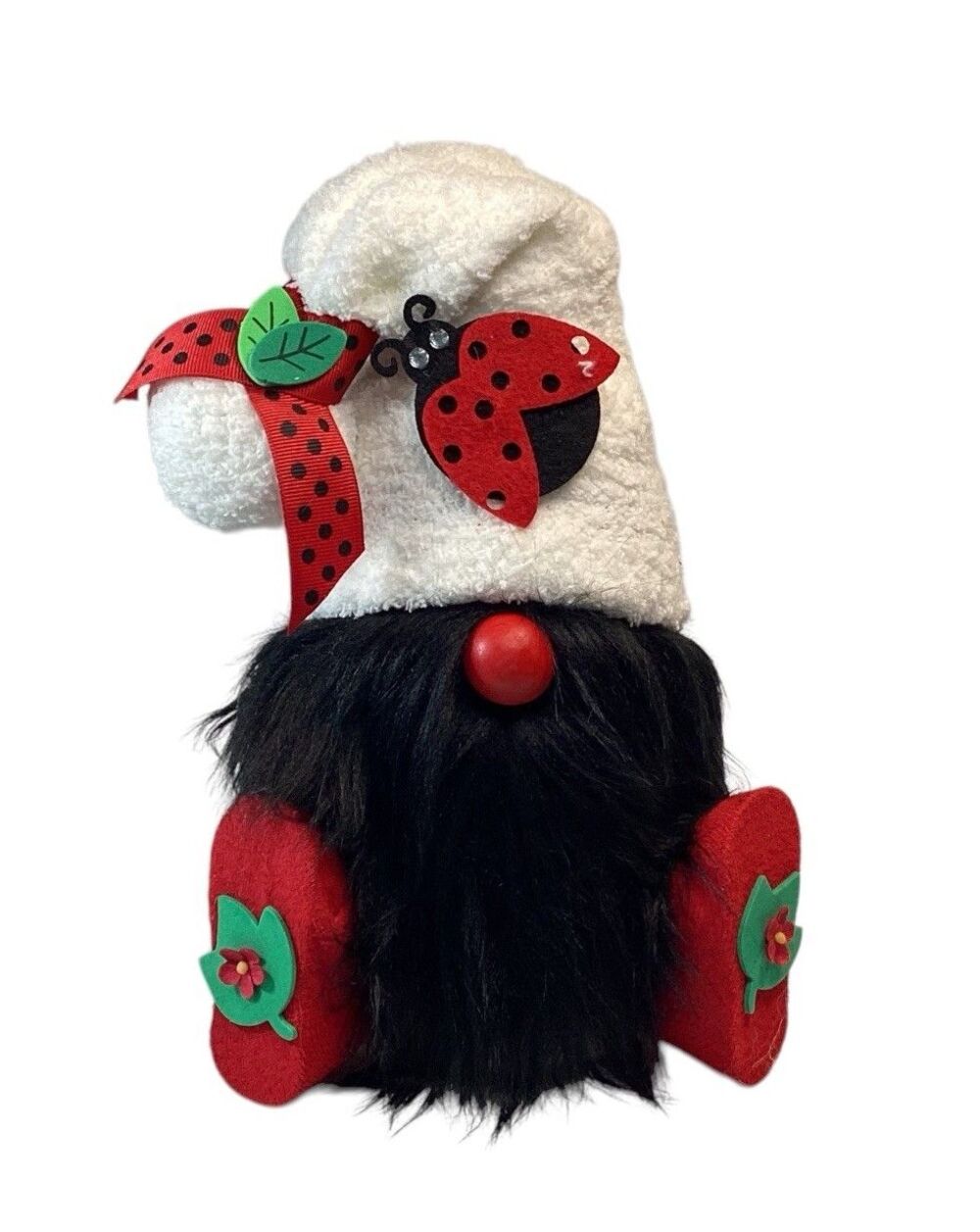 Lady Bug Gnome Shelf Sitter Plush Handmade Red Black White Measures 10”